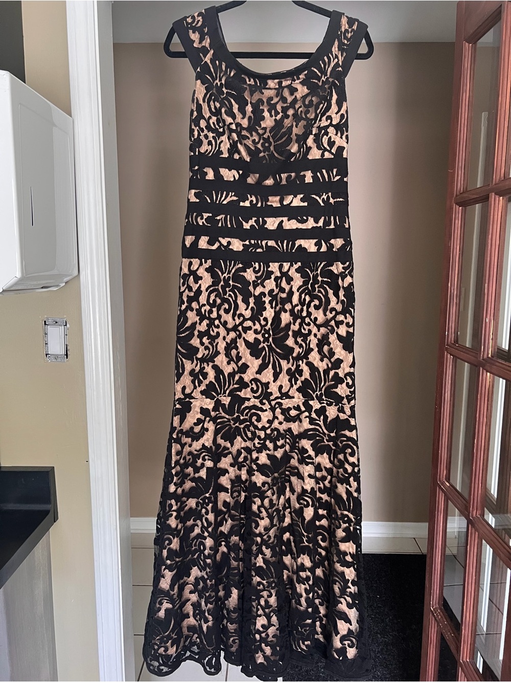 Tadashi Shoji Black Lace Overlay Maxi with Nude Base